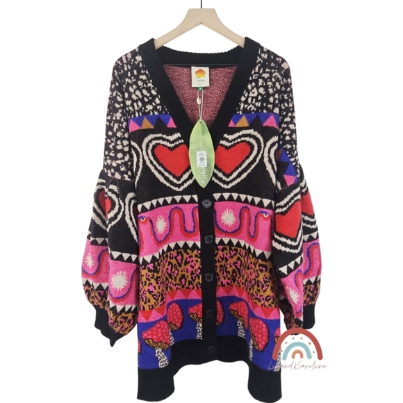 New! FARM Rio Graphic Elements Ainika Cardigan Mushroom Leopard Wool Sweater - Picture 5 of 16